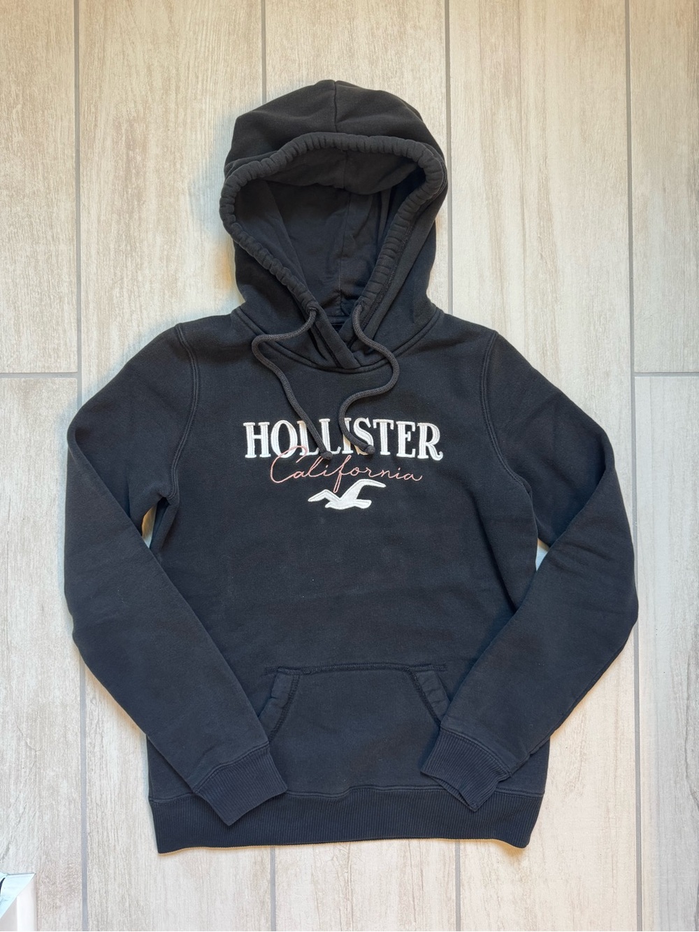 Hollister Black Pullover Hoodie with White & Pink Logo
